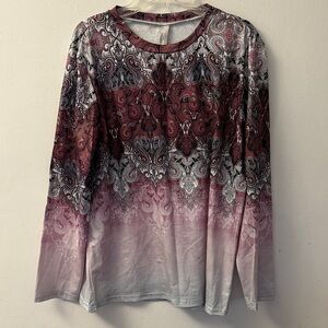 Elegant Paisley Long Sleeve Blouse in Burgundy and Gray